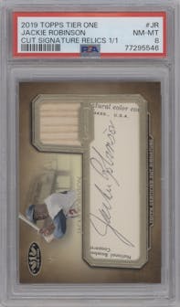 Jackie Robinson from the 2019 Topps Tier One set graded by PSA and given an overall grade of 8.