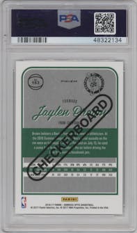 Jaylen Brown from the 2016-17 Panini Donruss Optic set featuring a Checkerboard parallel graded by PSA and given an overall grade of 10.