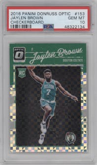 Jaylen Brown from the 2016-17 Panini Donruss Optic set featuring a Checkerboard parallel graded by PSA and given an overall grade of 10.