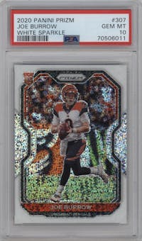 Joe Burrow from the 2020 Panini Prizm set featuring a White Sparkle parallel graded by PSA and given an overall grade of 10.