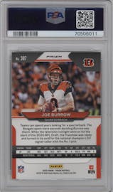 Joe Burrow from the 2020 Panini Prizm set featuring a White Sparkle parallel graded by PSA and given an overall grade of 10.