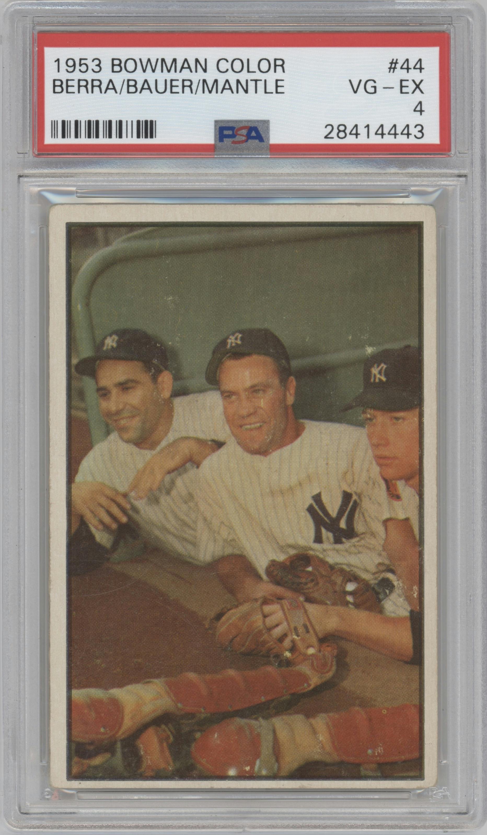 Hank Bauer/Yogi Berra/Mickey Mantle from the 1953 Bowman Color set graded by PSA and given an overall grade of 4.