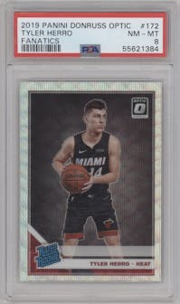 Tyler Herro from the 2019-20 Panini Donruss Optic set featuring a Fanatics Box Set parallel graded by PSA and given an overall grade of 8.