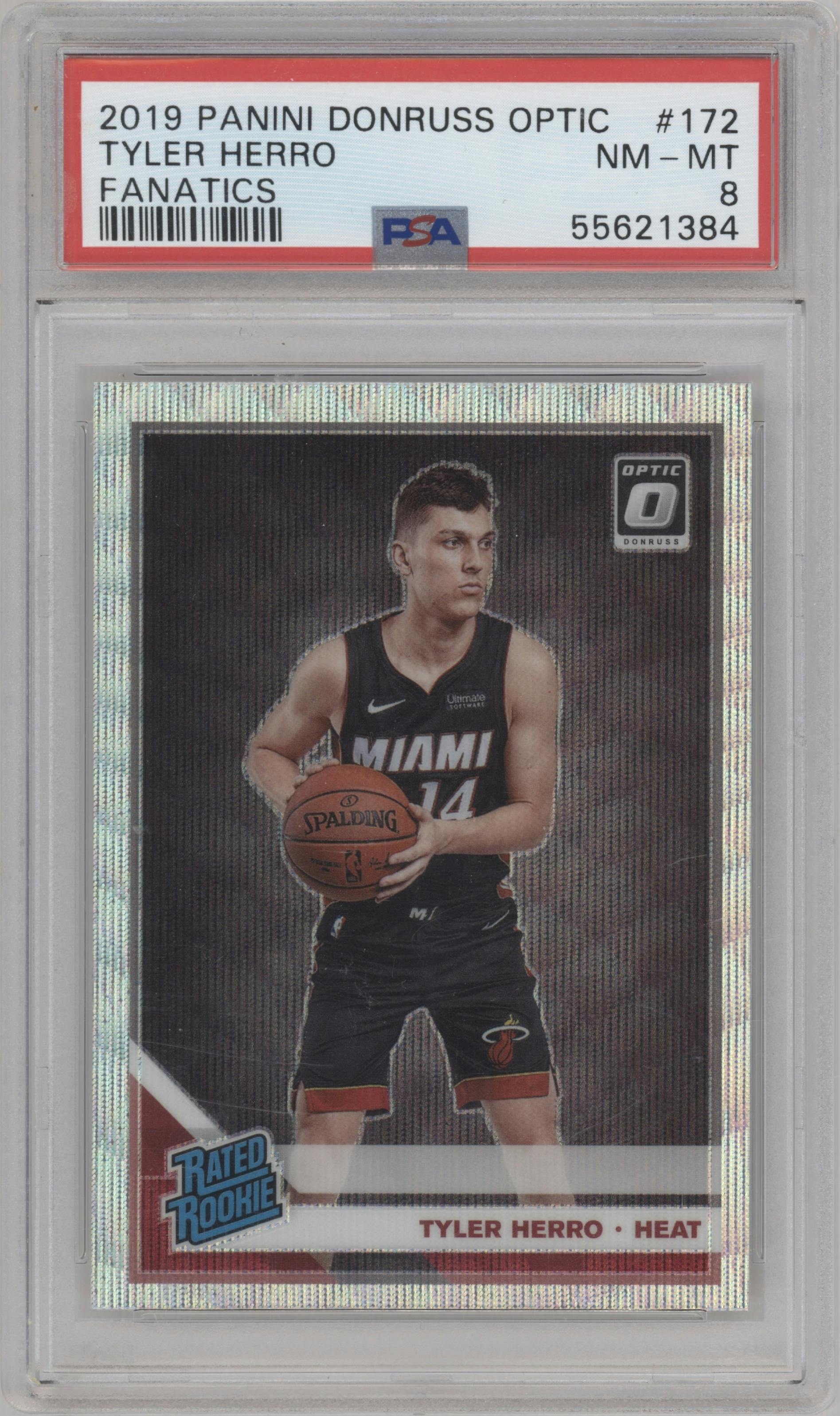 Tyler Herro from the 2019-20 Panini Donruss Optic set featuring a Fanatics Box Set parallel graded by PSA and given an overall grade of 8.