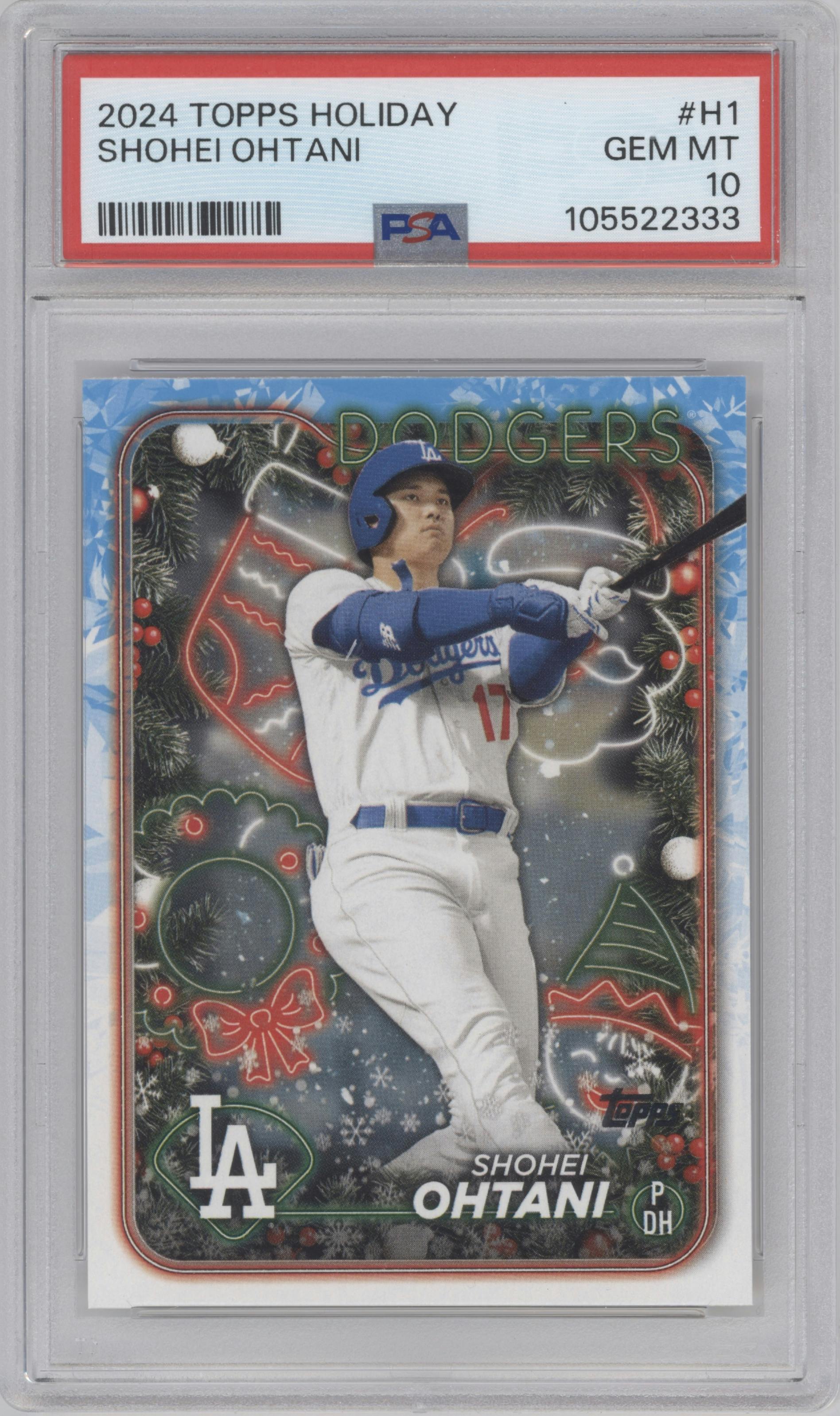 Shohei Ohtani from the 2024 Topps Holiday set graded by PSA and given an overall grade of 10.