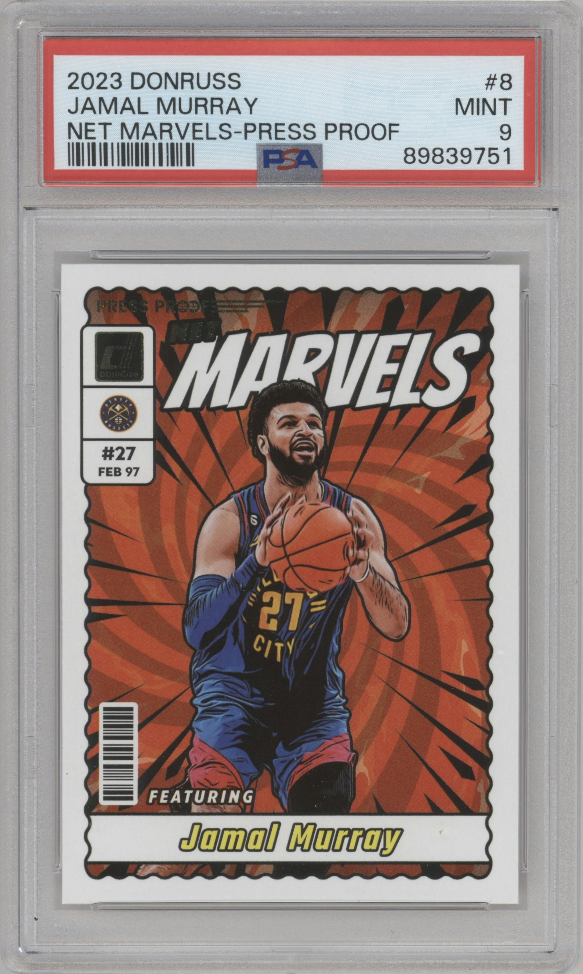 Jamal Murray from the 2023-24 Panini Donruss set featuring a Press Proof  parallel graded by PSA and given an overall grade of 9.