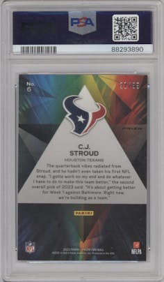 C.J. Stroud from the 2023 Panini Prizm set featuring a Blue Ice parallel graded by PSA and given an overall grade of 9.