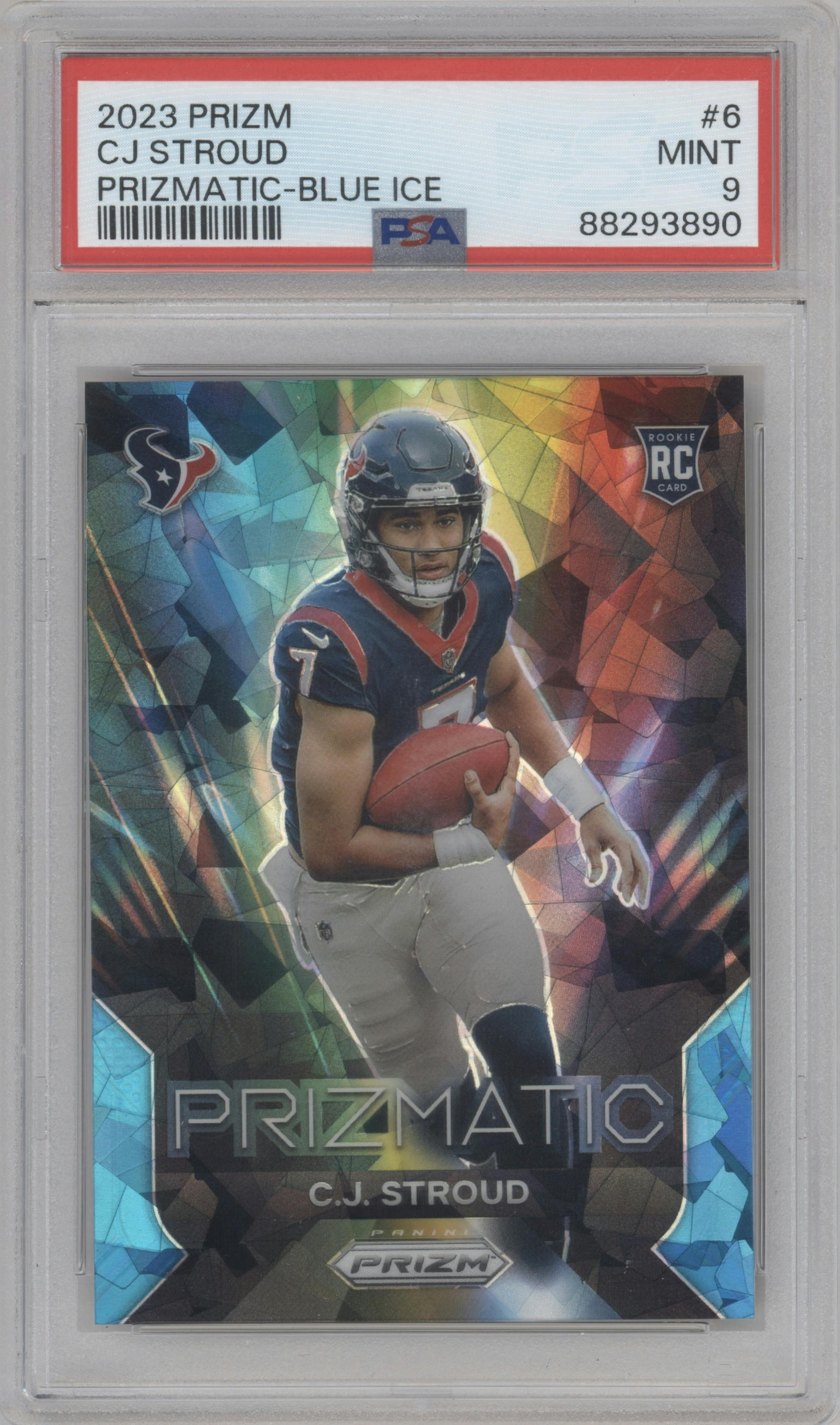 C.J. Stroud from the 2023 Panini Prizm set featuring a Blue Ice parallel graded by PSA and given an overall grade of 9.