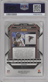 Tyler Allgeier  from the 2022 Panini Prizm set featuring a Red Shimmer parallel graded by PSA and given an overall grade of 9.