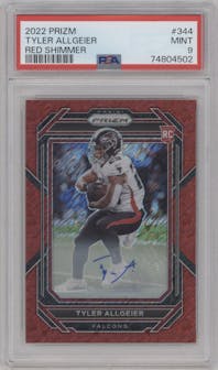 Tyler Allgeier  from the 2022 Panini Prizm set featuring a Red Shimmer parallel graded by PSA and given an overall grade of 9.