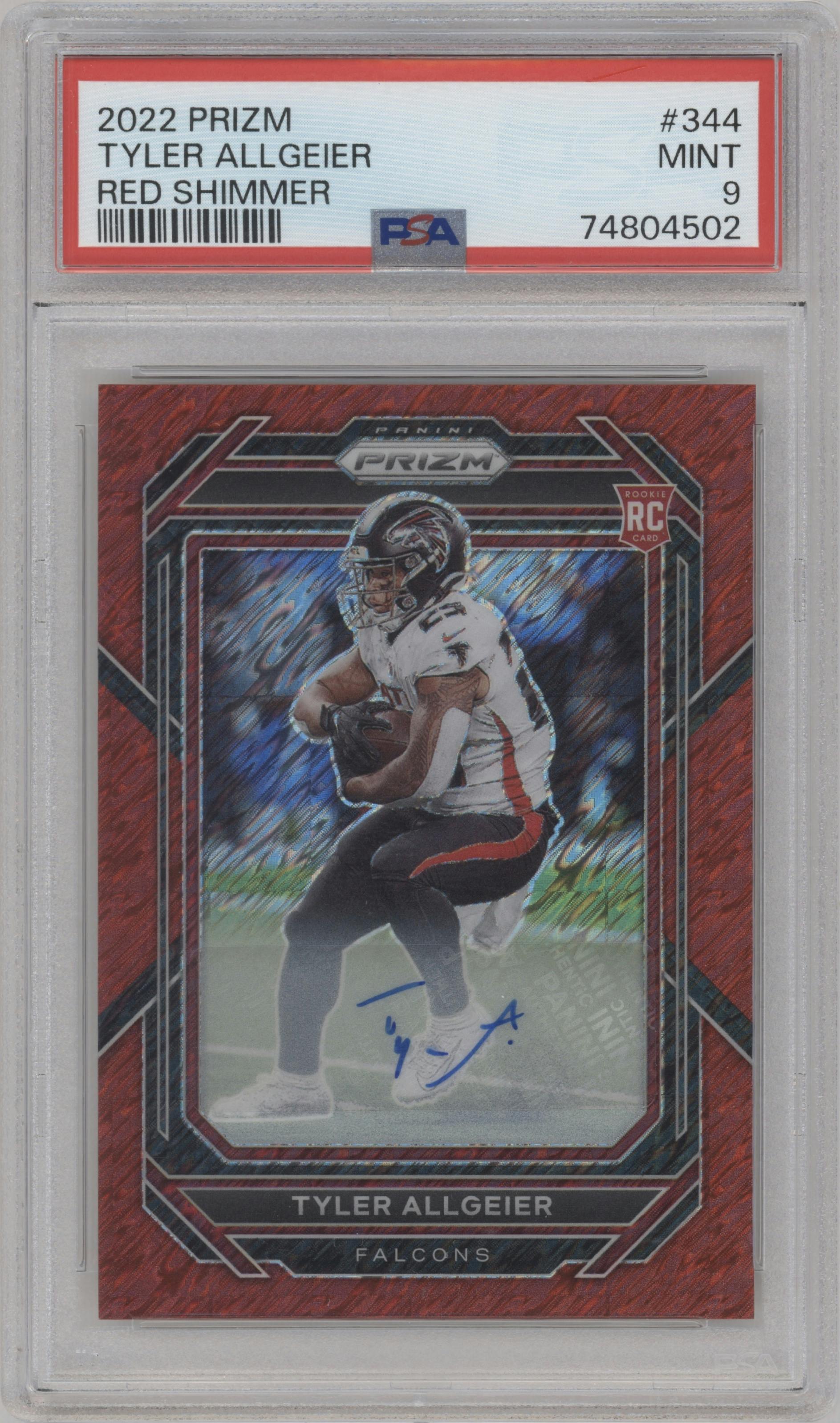 Tyler Allgeier  from the 2022 Panini Prizm set featuring a Red Shimmer parallel graded by PSA and given an overall grade of 9.