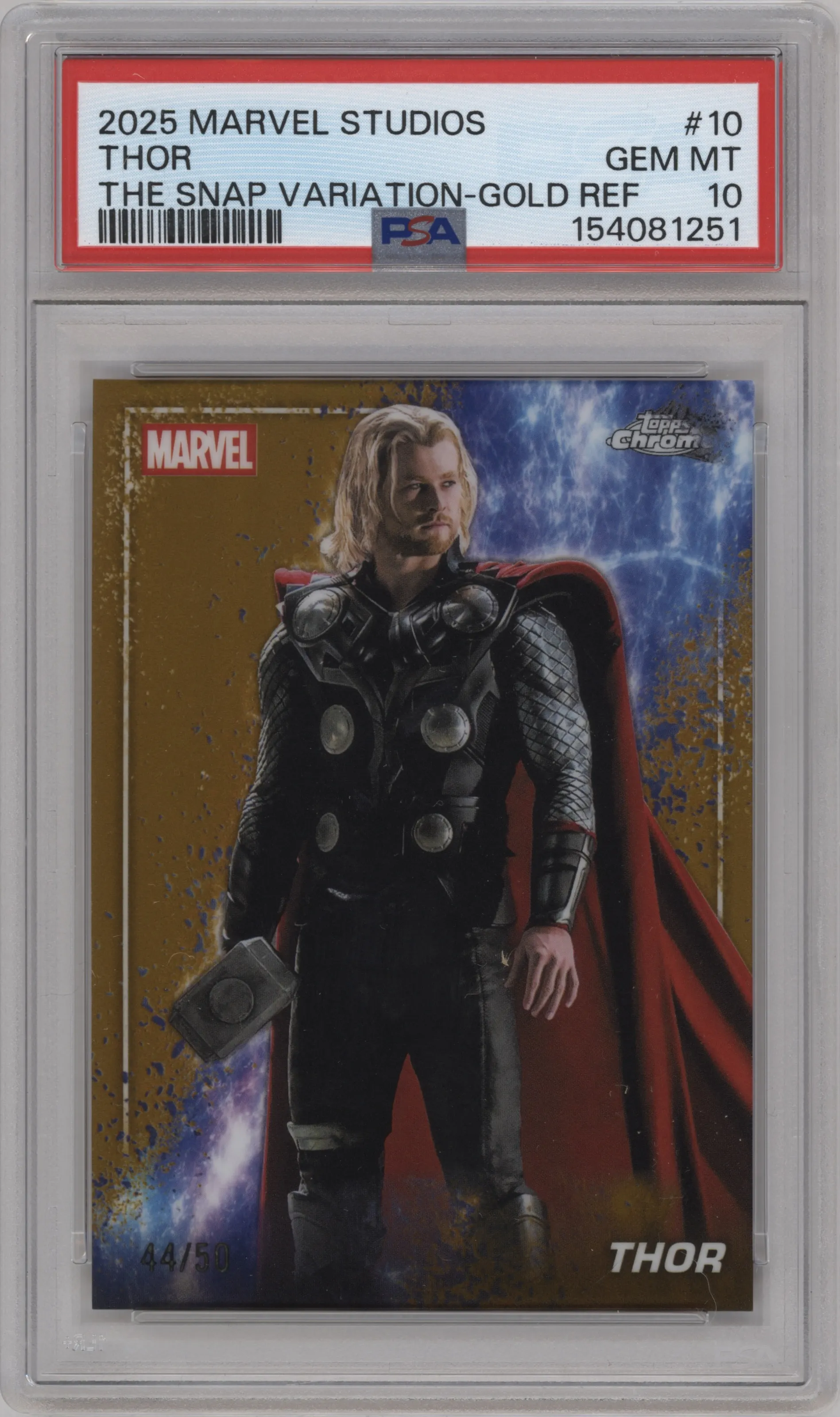 2025 Topps Chrome Marvel Studios The Snap Var. Thor Gold Refractor #S-10 PSA 10