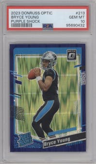 Bryce Young from the 2023 Donruss Optic set featuring a  Purple Shock parallel graded by PSA and given an overall grade of 10.