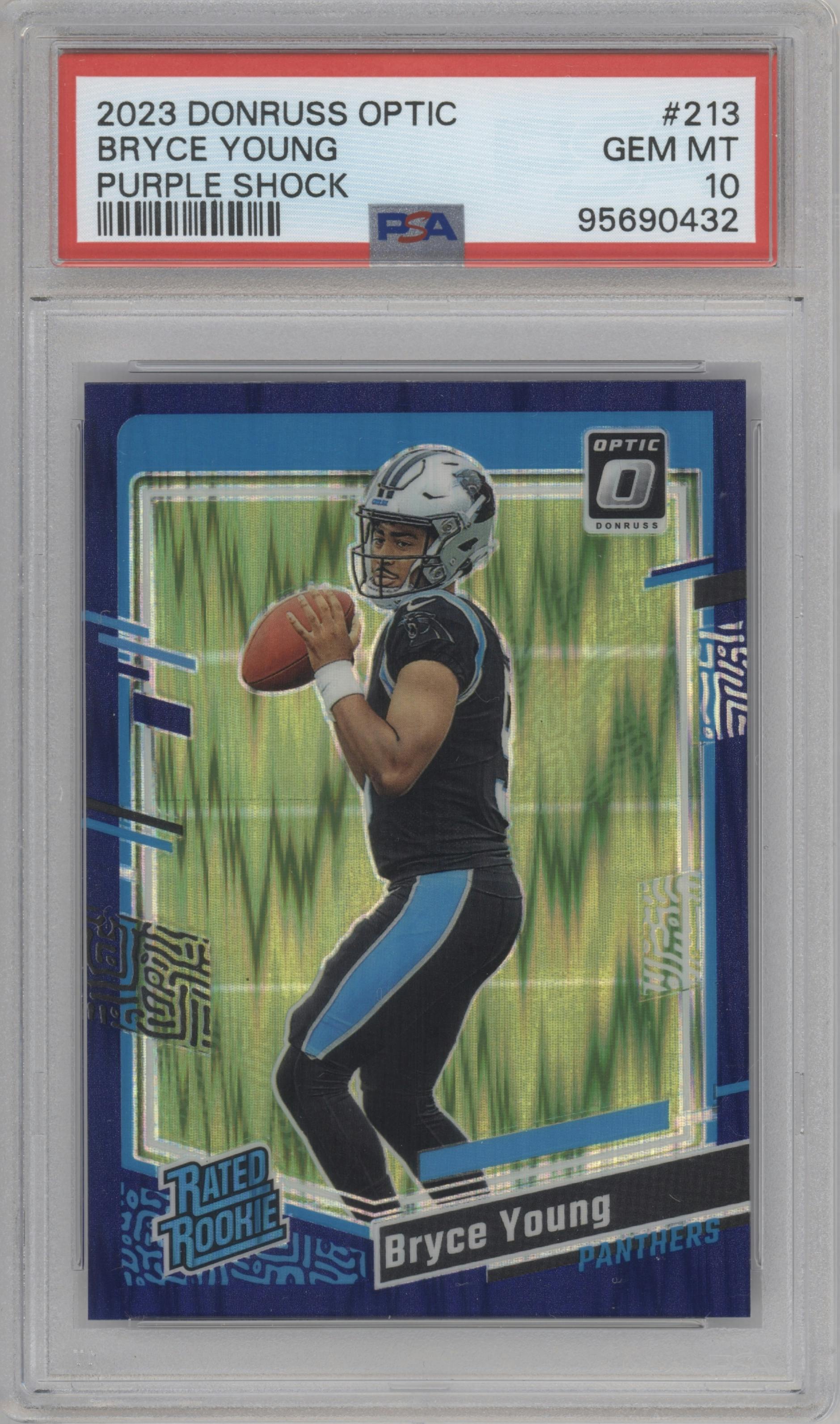 Bryce Young from the 2023 Donruss Optic set featuring a  Purple Shock parallel graded by PSA and given an overall grade of 10.