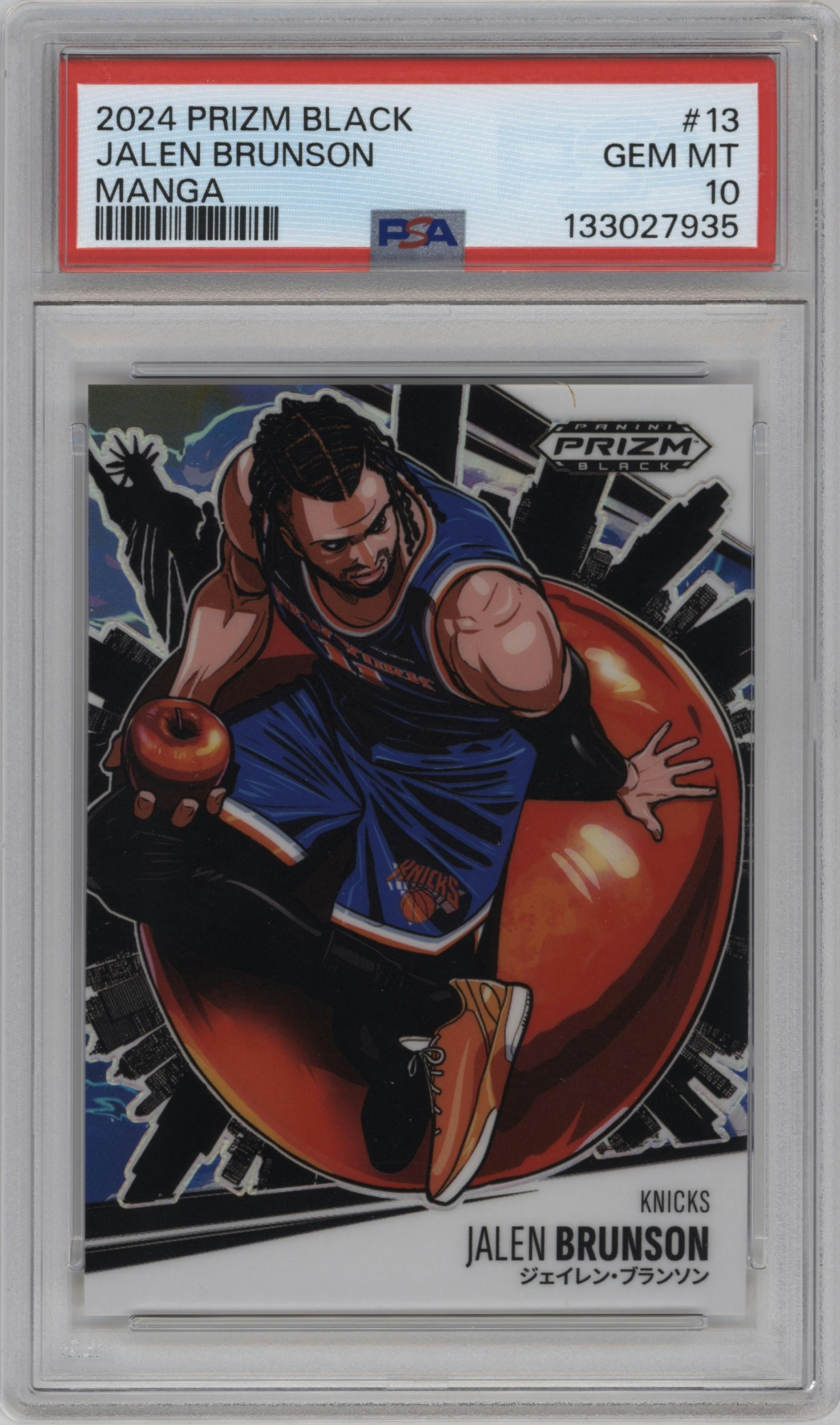 Jalen Brunson from the 2024-25 Panini Prizm Black set graded by PSA and given an overall grade of 10.