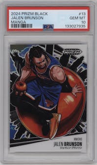 Jalen Brunson from the 2024-25 Panini Prizm Black set graded by PSA and given an overall grade of 10.