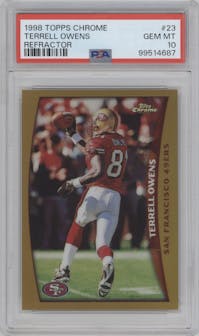 Terrell Owens  from the 1998 Topps Chrome set featuring a Refractor parallel graded by PSA and given an overall grade of 10.