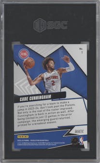 Cade Cunningham from the 2023-24 Panini Revolution set featuring a Galactic parallel graded by SGC and given an overall grade of 9.5.