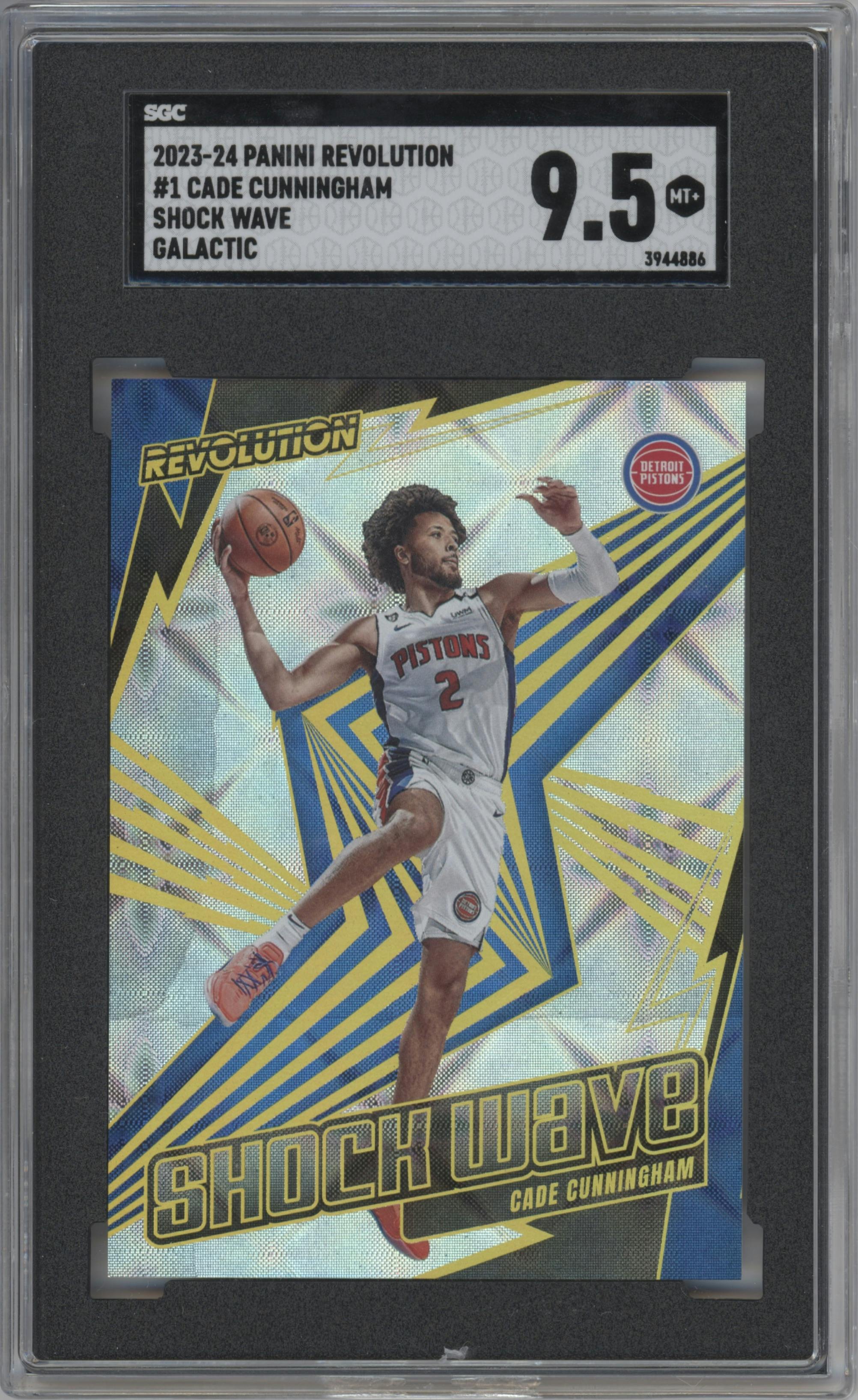 Cade Cunningham from the 2023-24 Panini Revolution set featuring a Galactic parallel graded by SGC and given an overall grade of 9.5.