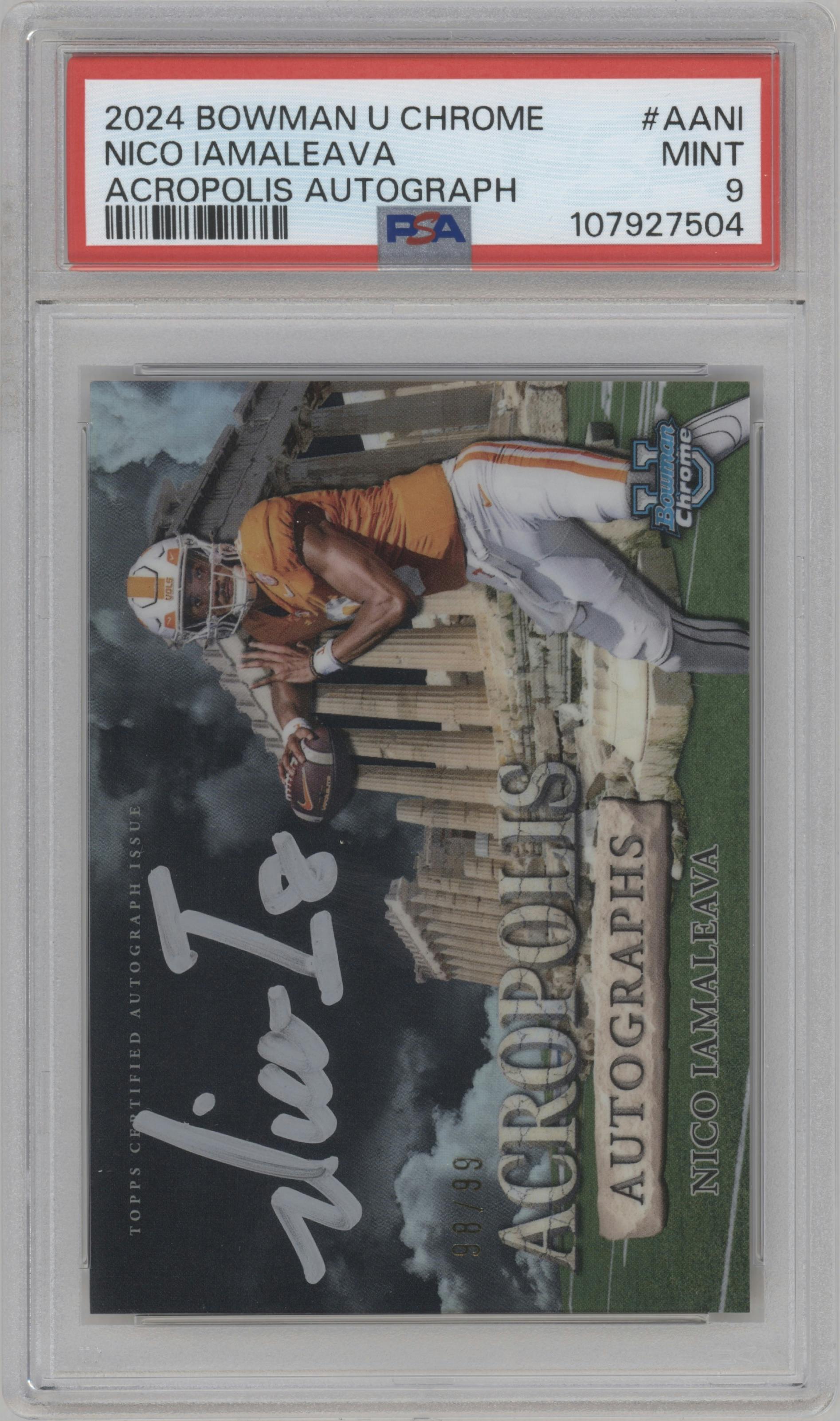 Nico Iamaleava from the 2024 Bowman University Chrome set graded by PSA and given an overall grade of 9.