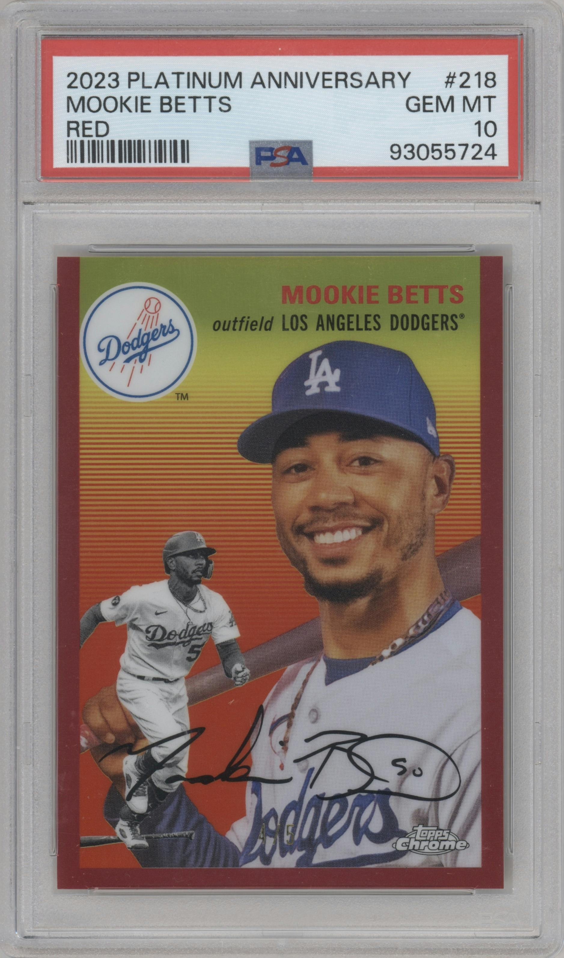 Mookie Betts from the 2023 Topps Chrome Platinum Anniversary set featuring a Red Refractor parallel graded by PSA and given an overall grade of 10.