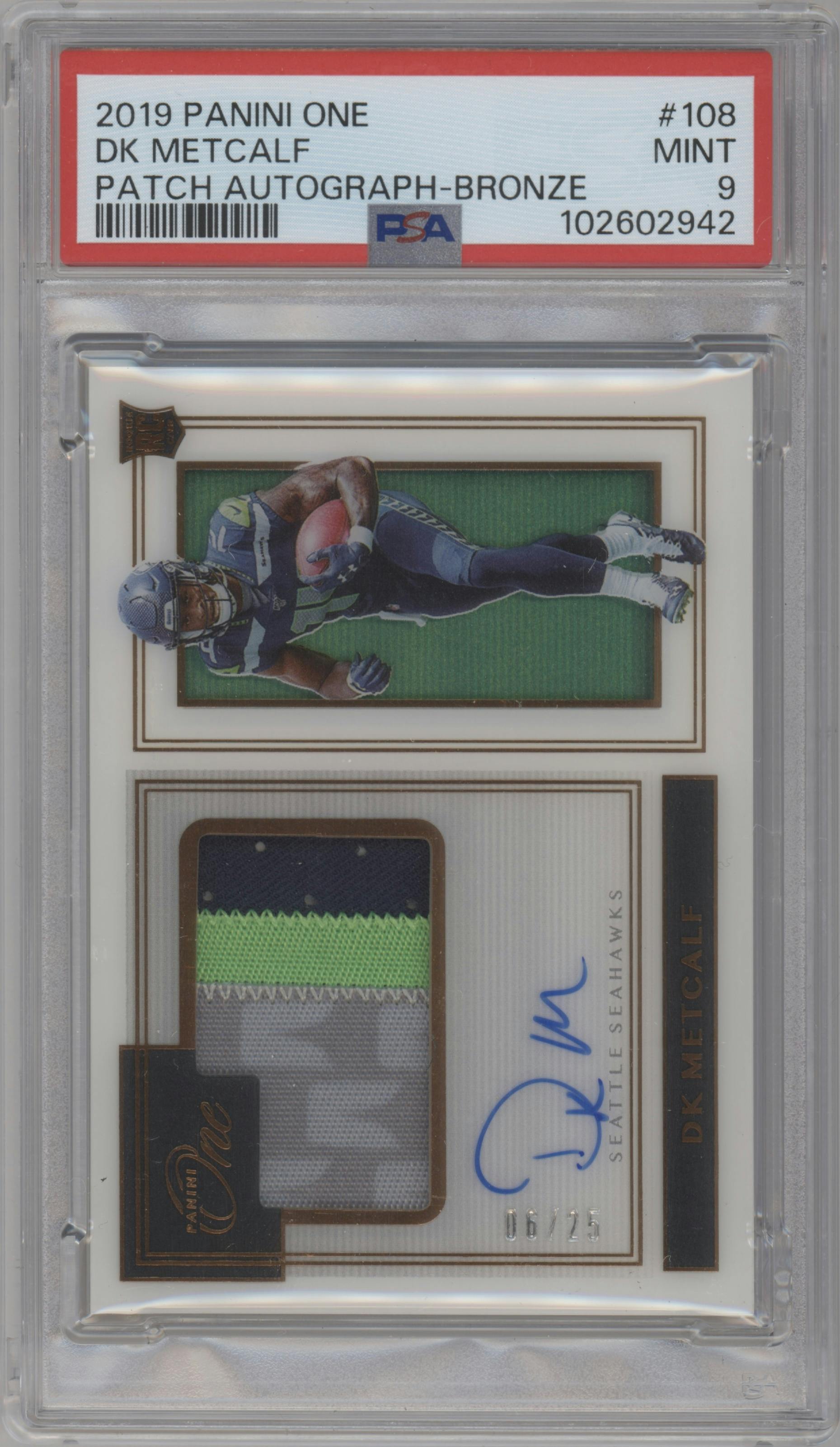 DK Metcalf from the 2019 Panini One set featuring a Bronze parallel graded by PSA and given an overall grade of 9.