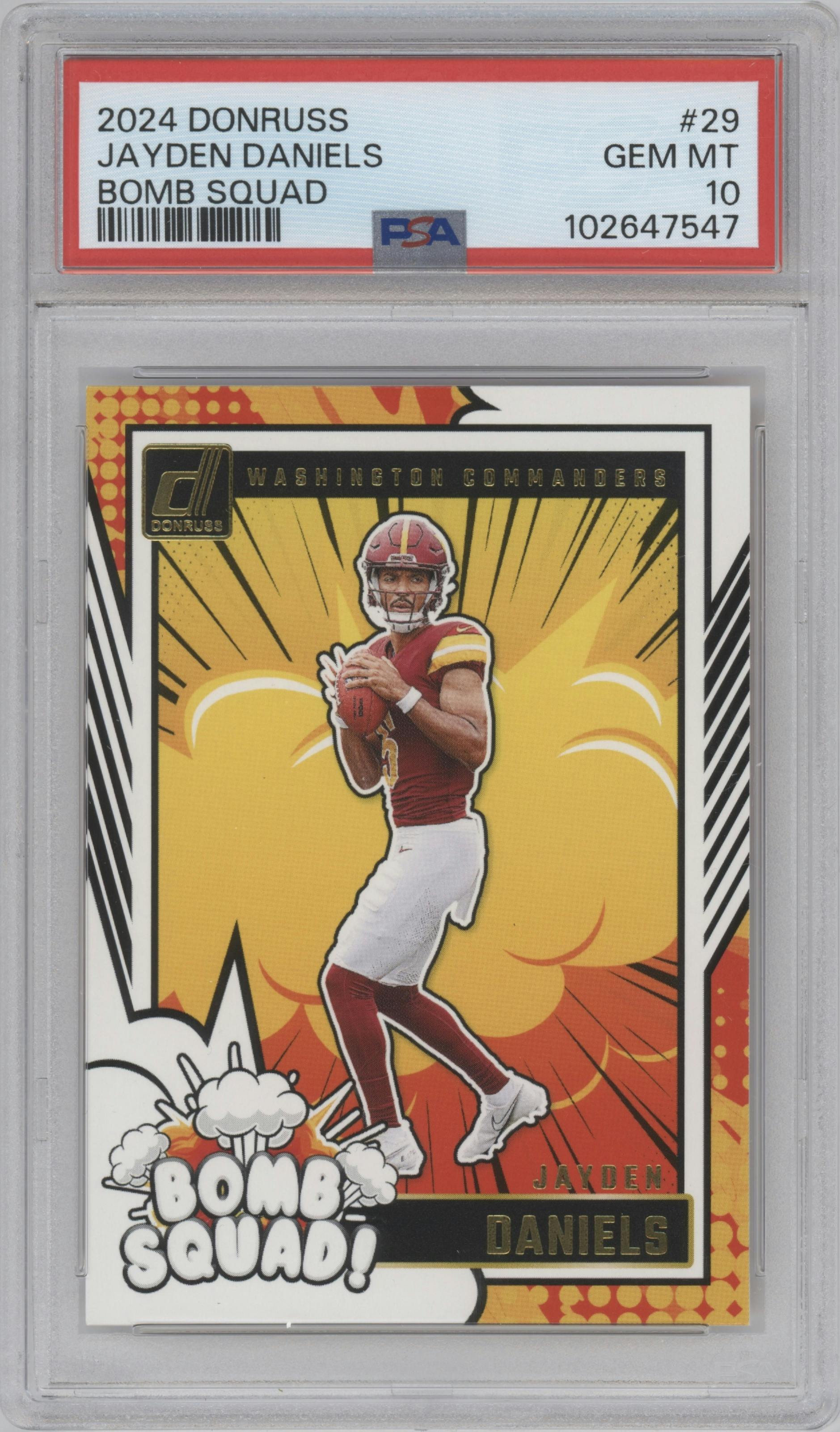 Jayden Daniels from the 2024 Donruss set graded by PSA and given an overall grade of 10.