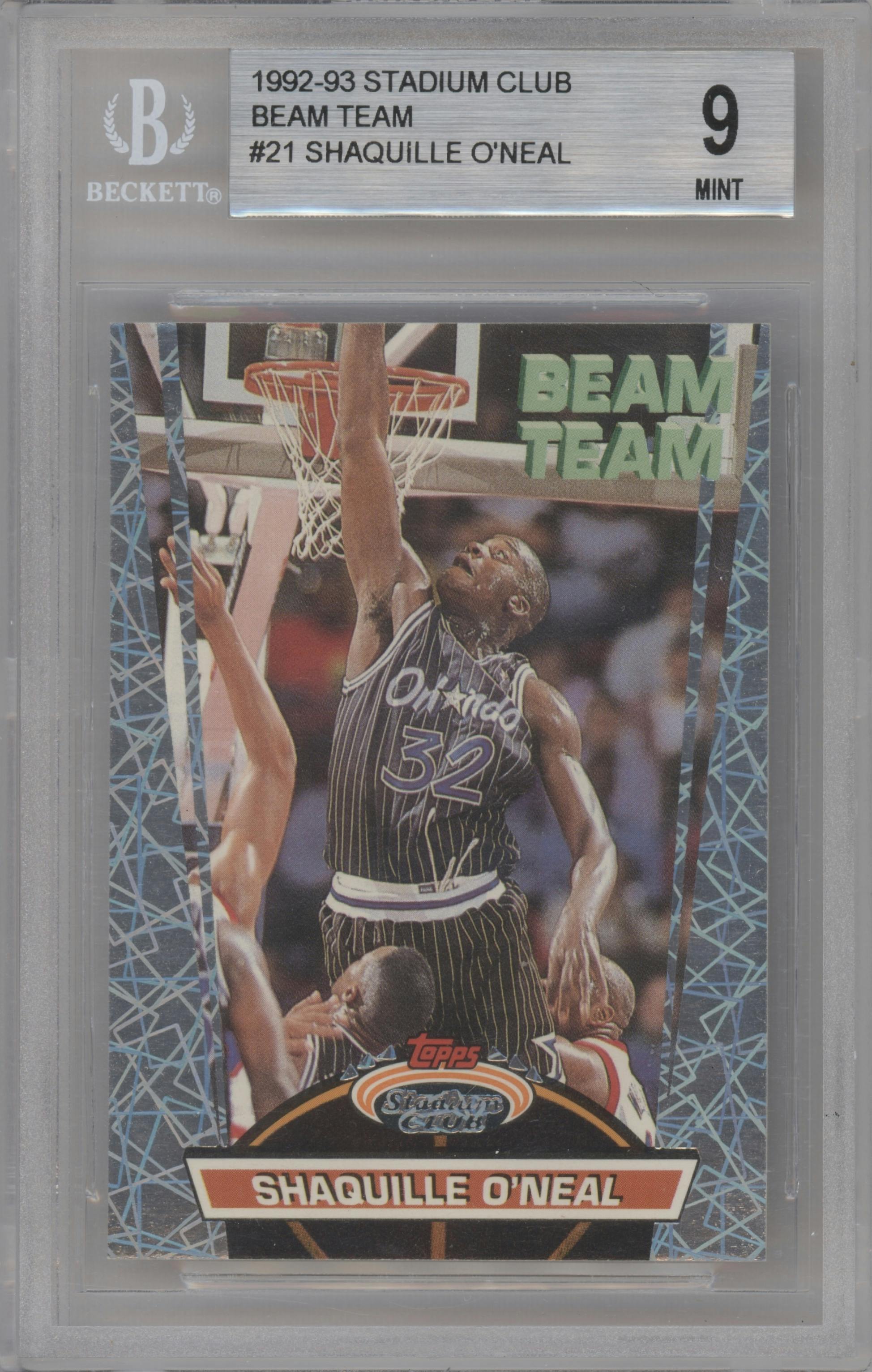 Shaquille O'Neal from the 1992-93 Topps Stadium Club set graded by Beckett and given an overall grade of 9.