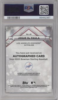 Josue De Paula from the 2023 Bowman Sterling set featuring a Speckle Refractor parallel graded by PSA and given an overall grade of 10.