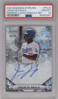 Josue De Paula from the 2023 Bowman Sterling set featuring a Speckle Refractor parallel graded by PSA and given an overall grade of 10.