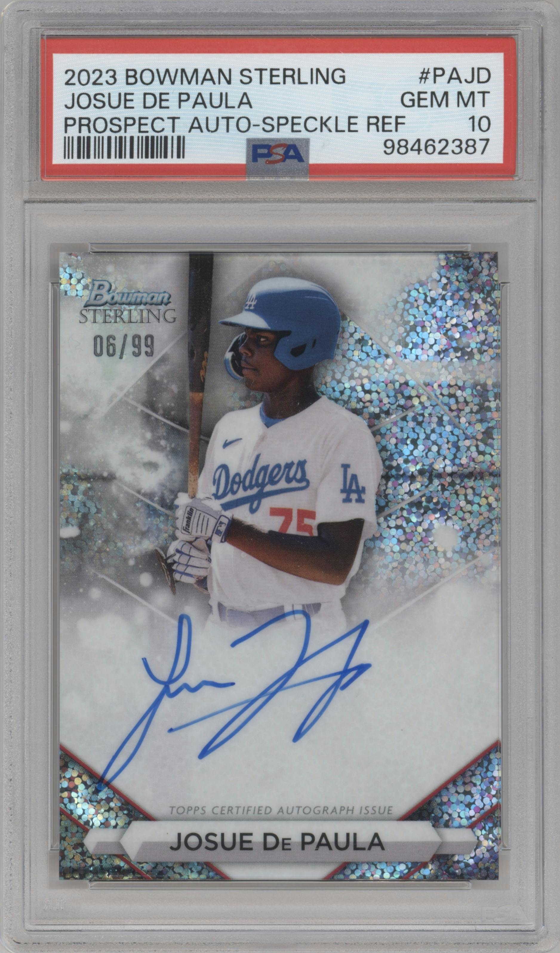 Josue De Paula from the 2023 Bowman Sterling set featuring a Speckle Refractor parallel graded by PSA and given an overall grade of 10.