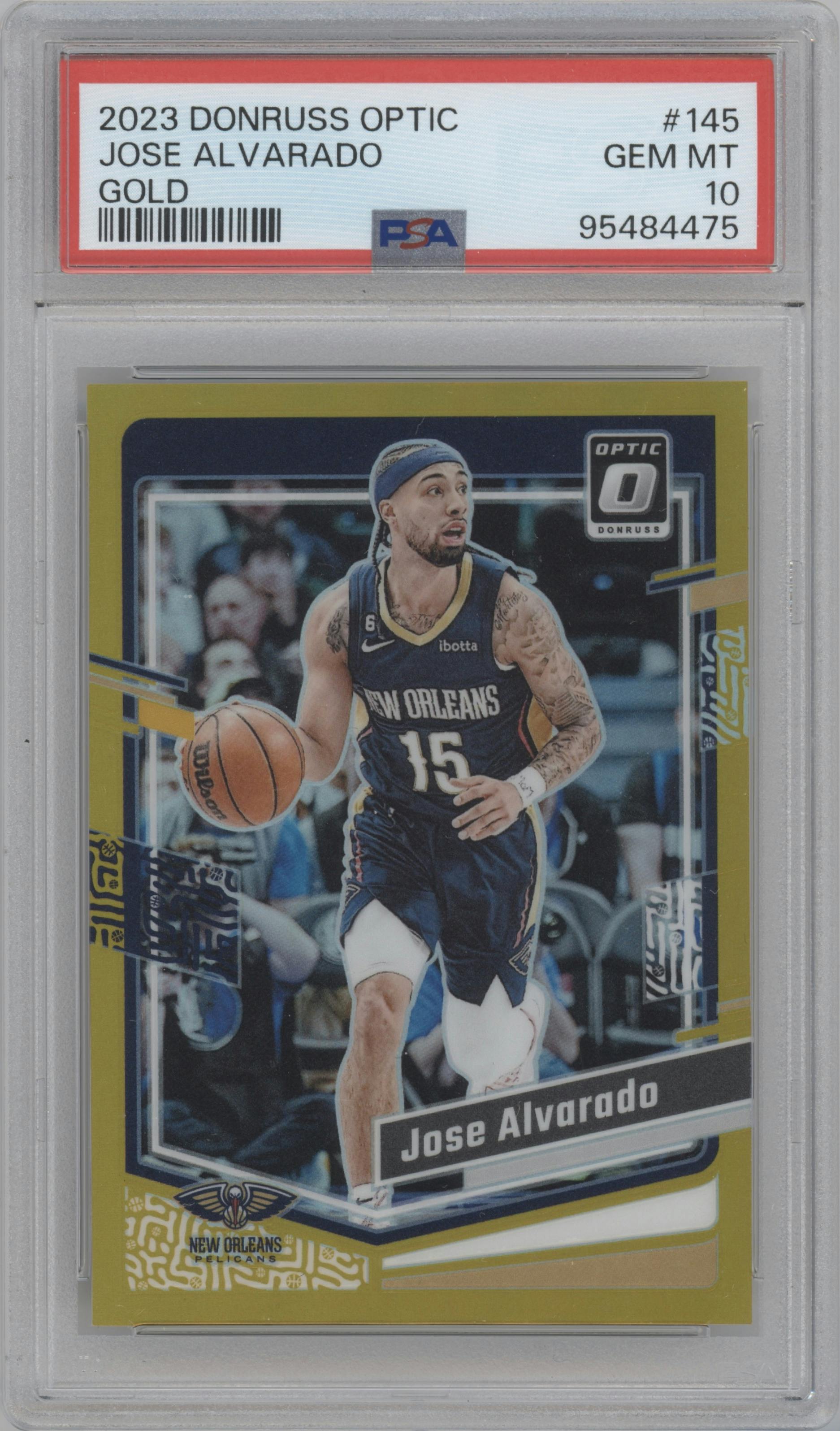 Jose Alvarado from the 2023-24 Donruss Optic set featuring a Gold parallel graded by PSA and given an overall grade of 10.