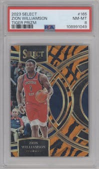 Zion Williamson from the 2023-24 Panini Select  set featuring a Tiger parallel graded by PSA and given an overall grade of 8.