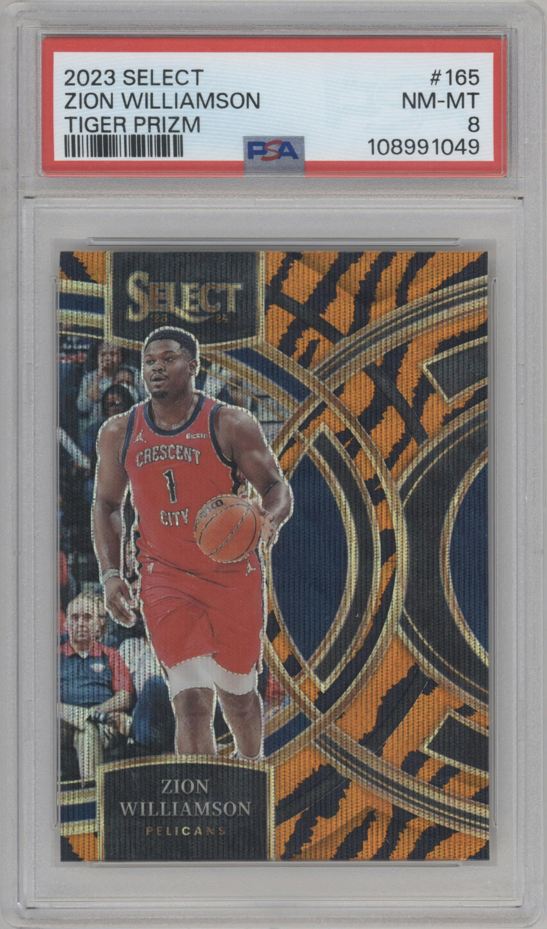 Zion Williamson from the 2023-24 Panini Select  set featuring a Tiger parallel graded by PSA and given an overall grade of 8.