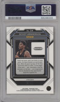 Scoot Henderson  from the 2023-24 Panini Prizm Draft Picks set featuring a Gold Prizm parallel graded by PSA and given an overall grade of 10.