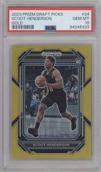 Scoot Henderson  from the 2023-24 Panini Prizm Draft Picks set featuring a Gold Prizm parallel graded by PSA and given an overall grade of 10.