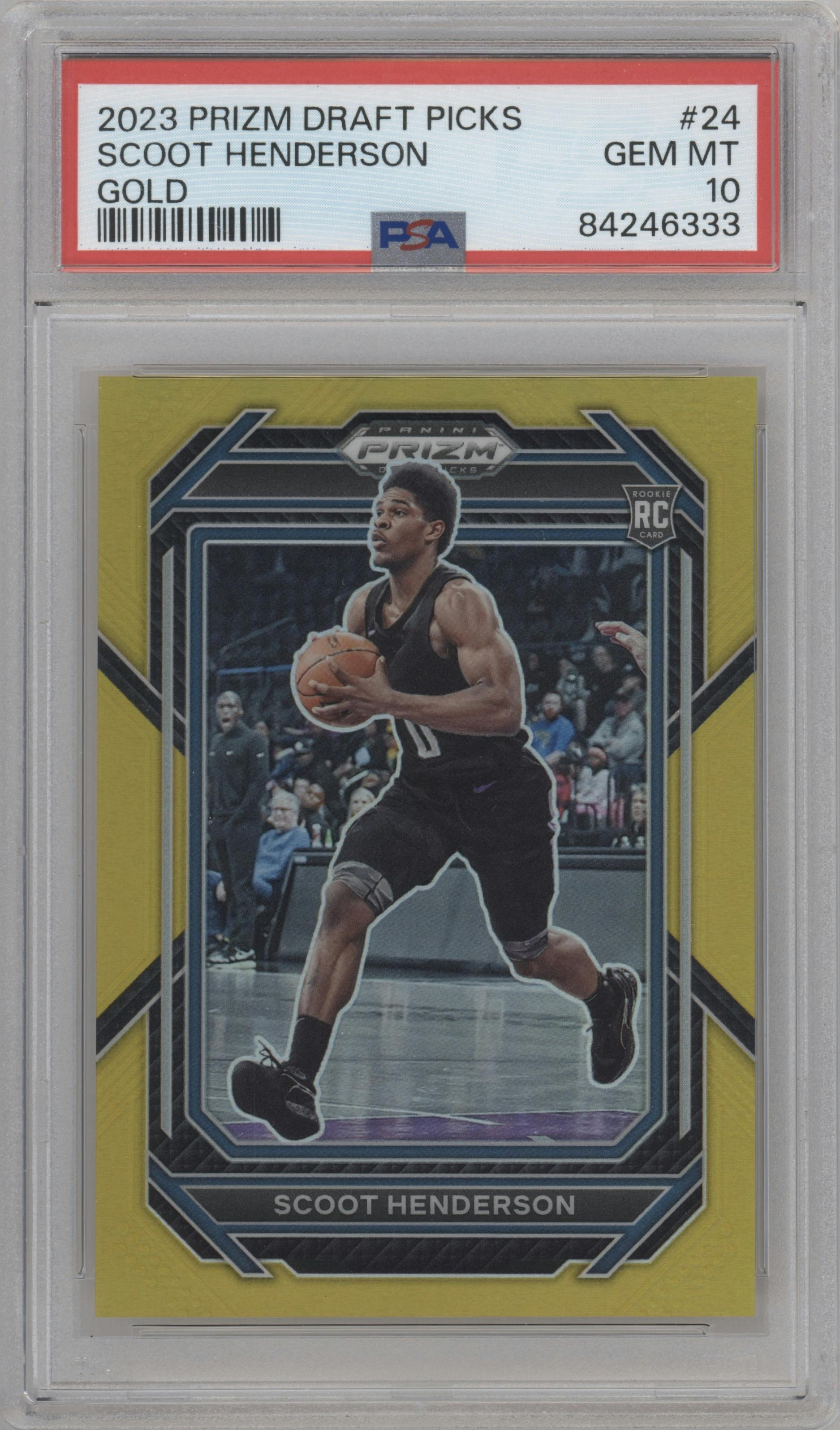 Scoot Henderson  from the 2023-24 Panini Prizm Draft Picks set featuring a Gold Prizm parallel graded by PSA and given an overall grade of 10.