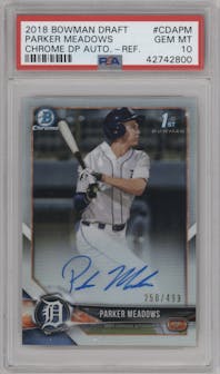 Parker Meadows from the 2018 Bowman Draft set featuring a Refractor parallel graded by PSA and given an overall grade of 10.