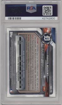 Parker Meadows from the 2018 Bowman Draft set featuring a Refractor parallel graded by PSA and given an overall grade of 10.