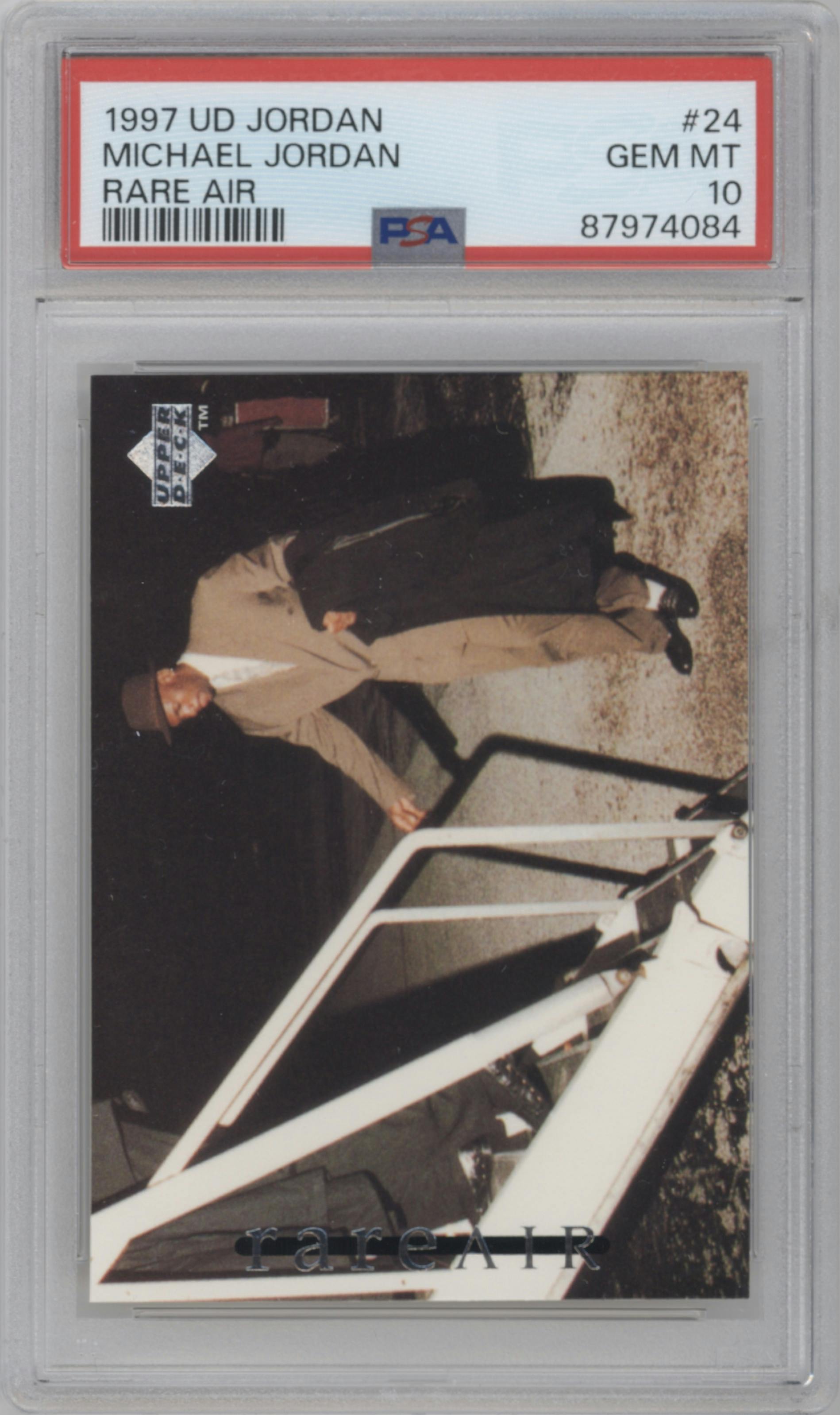 Michael Jordan  from the 1997 Upper Deck Michael Jordan Rare Air Tribute Box Set set graded by PSA and given an overall grade of 10.