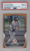 Spencer Jones from the 2023 Bowman  set featuring a Orange Refractor parallel graded by PSA and given an overall grade of 10.
