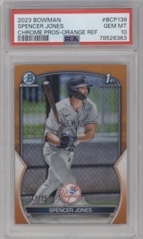 Spencer Jones from the 2023 Bowman  set featuring a Orange Refractor parallel graded by PSA and given an overall grade of 10.