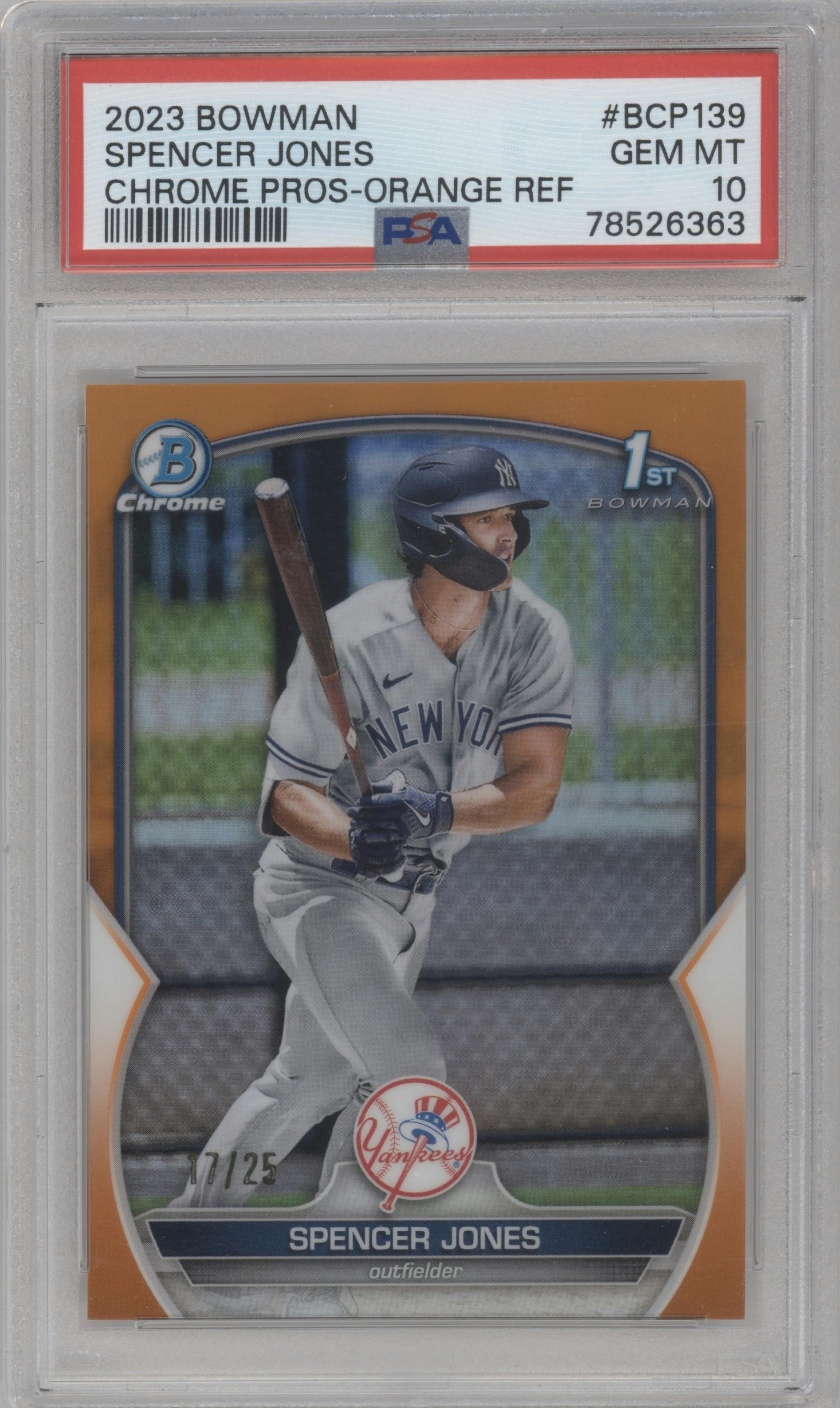 Spencer Jones from the 2023 Bowman  set featuring a Orange Refractor parallel graded by PSA and given an overall grade of 10.