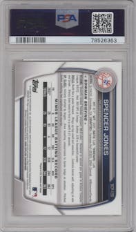Spencer Jones from the 2023 Bowman  set featuring a Orange Refractor parallel graded by PSA and given an overall grade of 10.