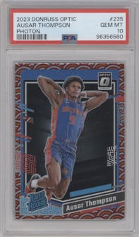 Ausar Thompson from the 2023-24 Donruss Optic set featuring a Photon parallel graded by PSA and given an overall grade of 10.
