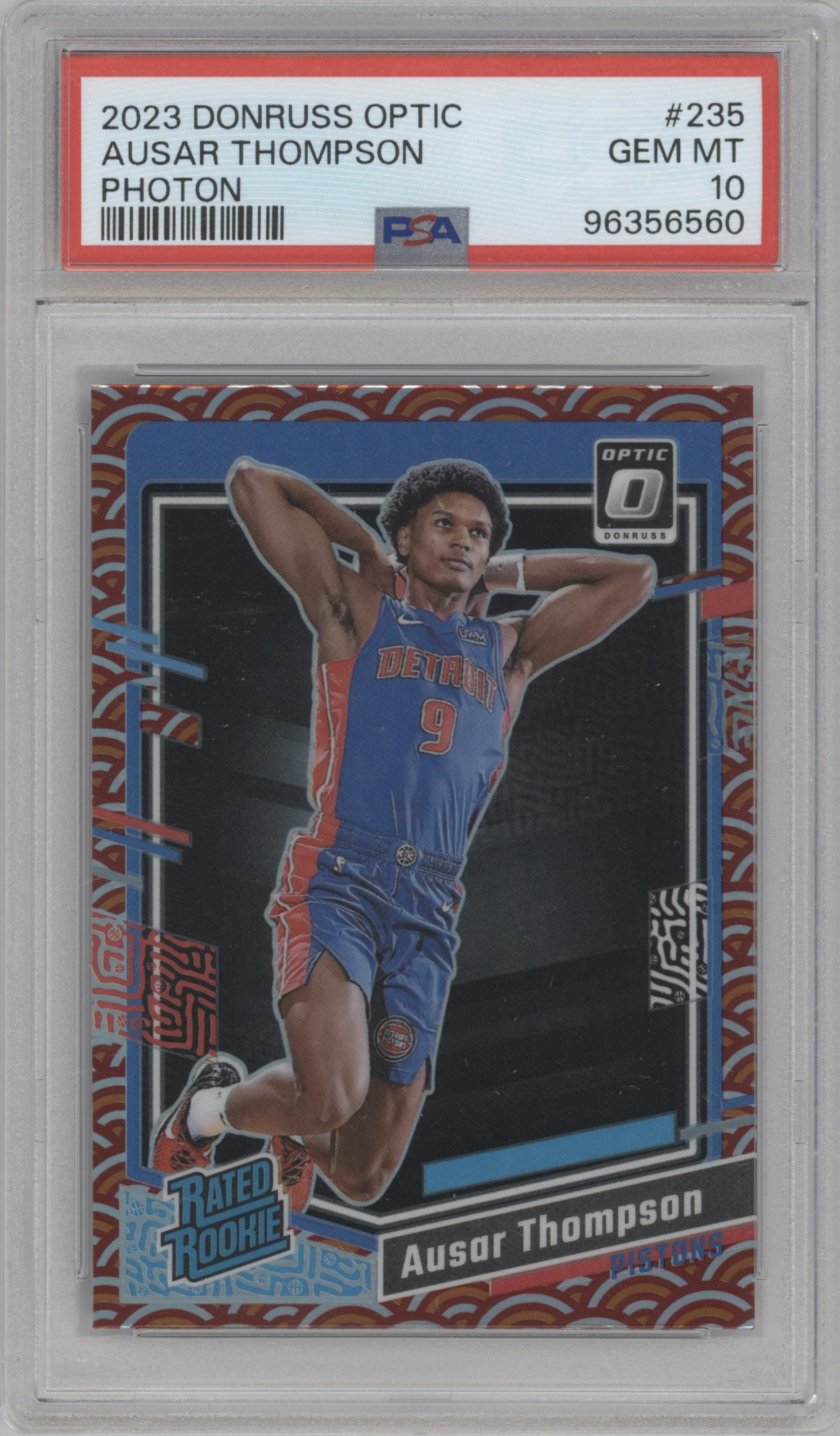 Ausar Thompson from the 2023-24 Donruss Optic set featuring a Photon parallel graded by PSA and given an overall grade of 10.