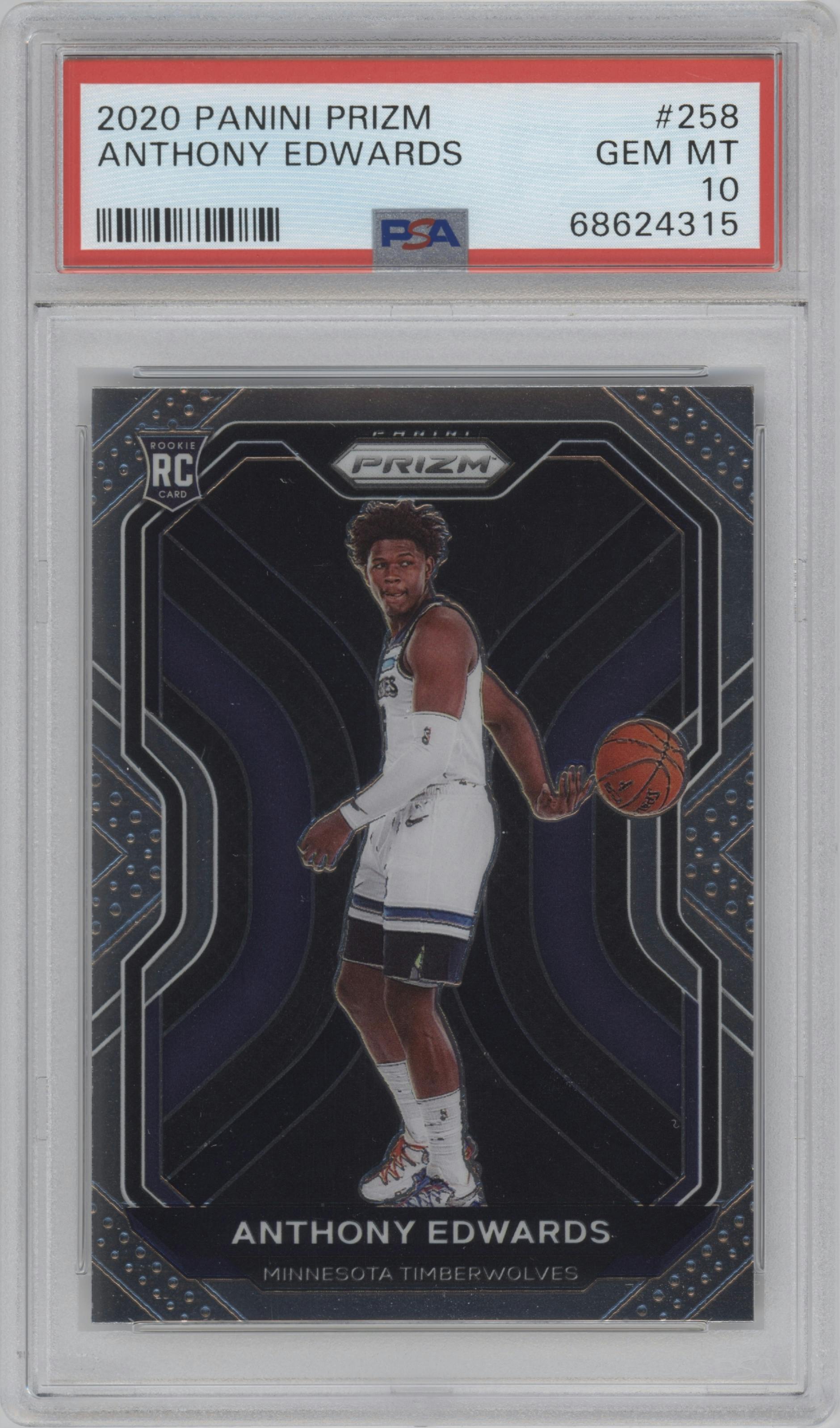Anthony Edwards from the 2020-21 Panini Prizm set graded by PSA and given an overall grade of 10.