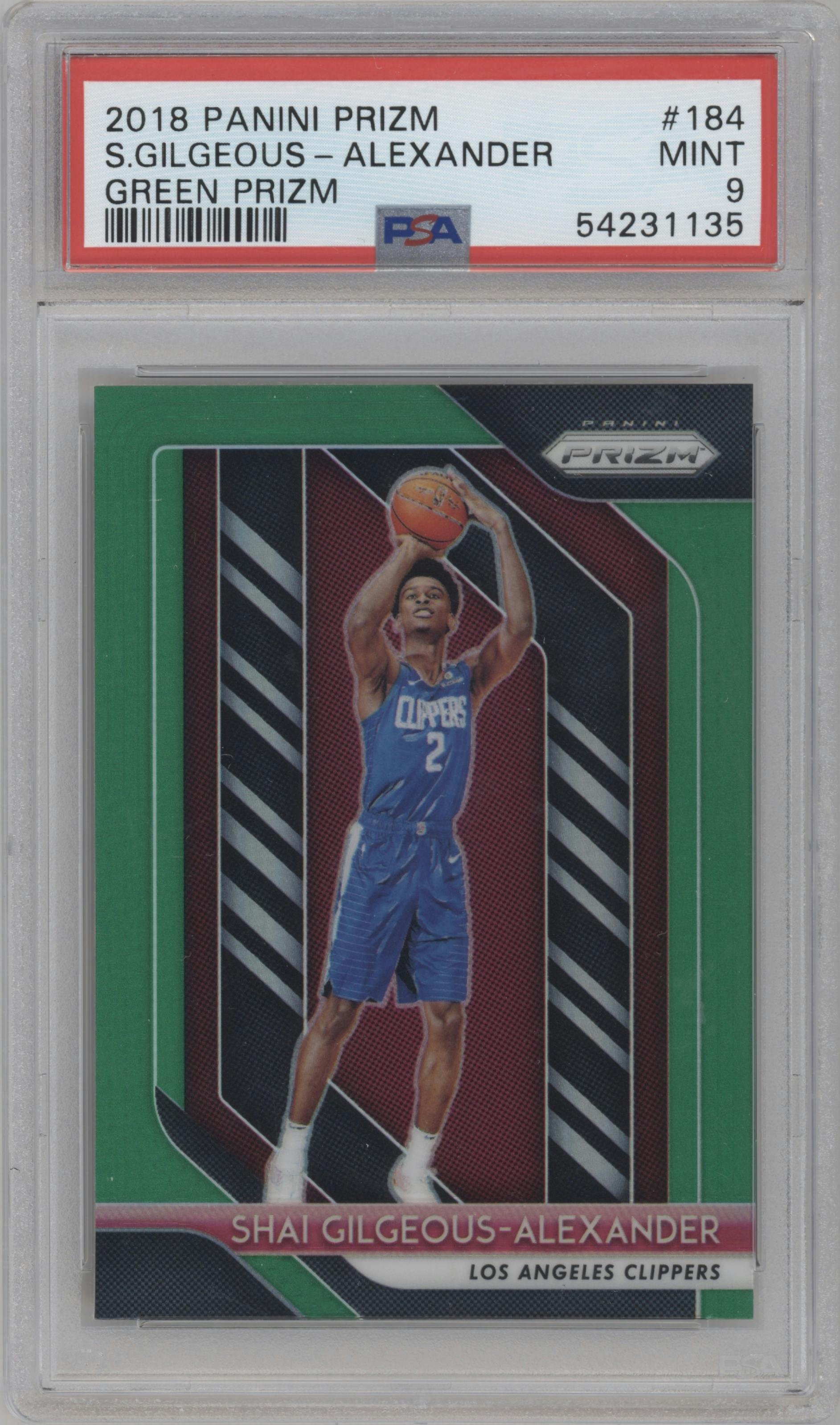 Shai Gilgeous-Alexander from the 2018-19 Panini Prizm set featuring a Green Prizm parallel graded by PSA and given an overall grade of 9.