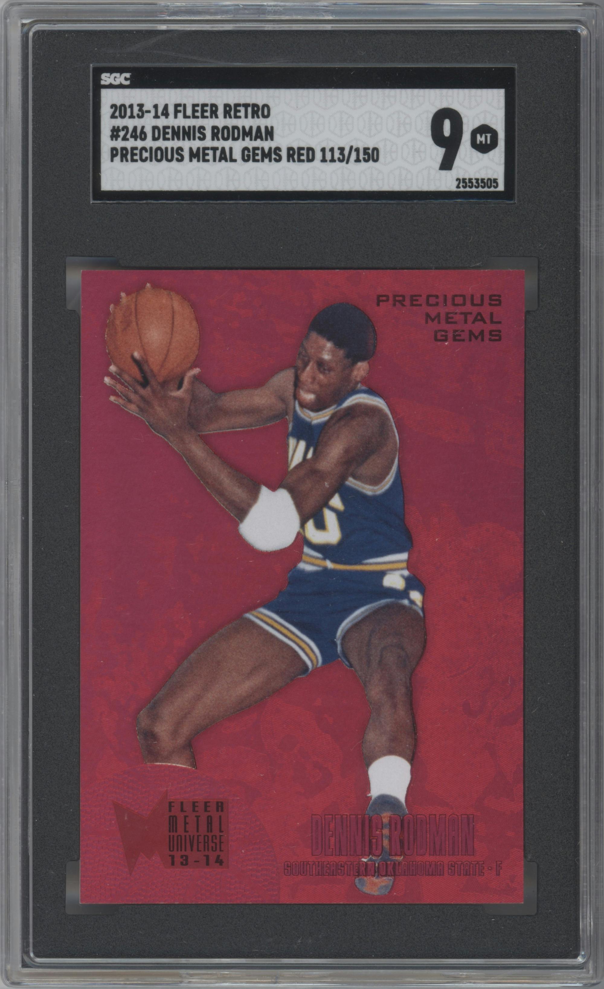 Dennis Rodman from the 2013-14 Fleer Retro set featuring a Precious Metal Gems Red parallel graded by SGC and given an overall grade of 9.