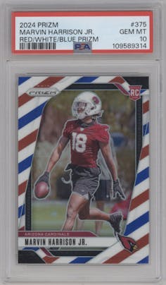 Marvin Harrison Jr. from the 2024 Panini Prizm set featuring a Red/White/Blue Prizm parallel graded by PSA and given an overall grade of 10.